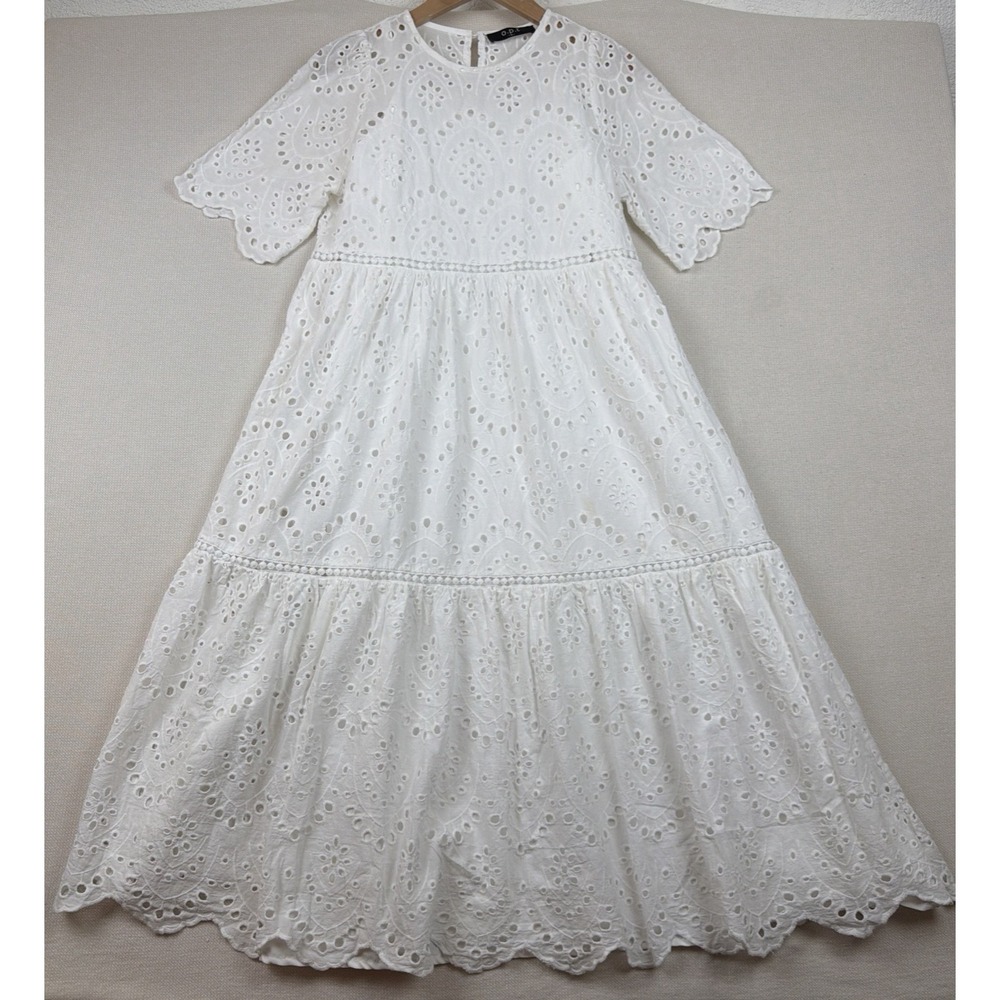 OPT Cottage Tiered Eyelet Cotton Midi Dress Sz S White Party Boho Embroidery Mix